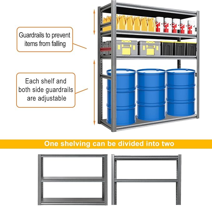 Storage Shelf 5-Tier Garage Shelving, Industrial Shelving with Guardrails, 2500LB Boltless Metal Shelves Heavy Duty for Storage Room, Warehouse, 18" D x 47.2" W x 72" H, Iron Black