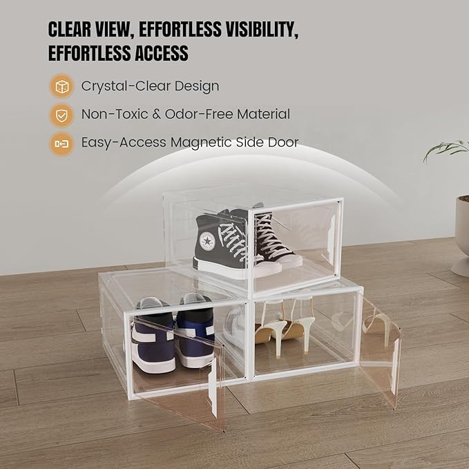 X-Large Stackable Shoe Boxes - Clear Plastic Shoe Storage Boxes with Magnetic Door, Thicken Shoe Organizer for Closet, Space Saving Foldable Shoe Containers Bins for Sneaker Boot - 8 Pack(White)