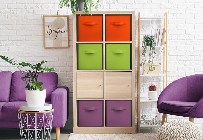 Sorbus Storage Cubes - 11" Foldable Storage Bins with Handle for Nursery, Playroom, Closet Organizers and Storage - 6 Fabric Shelf Basket for Toys, Books, Clothes - Purple Green & Orange Storage Bin