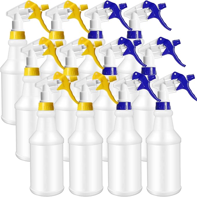 Eccliy 12 Pcs 16 Oz Plastic Spray Bottle, Adjustable Empty Reusable Sprayer for Cleaning, Planting, Water, Bathroom and Kitchen, BBQ, Commercial and Residential(Yellow, Blue,Original)