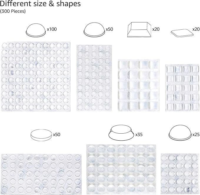 Amazon Basics Cabinet Door Bumper, Clear Self Adhesive Bumpers Pads for Surface Protection and Noise Reduction, 300-Piece, 6.9 x 4.5 x 0.6 inch