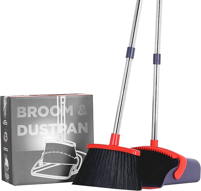 Broom with Dustpan Combo Set Broom and Dustpan Set Dust Pan with Stainless Steel Long Handle, Brooms with 5-Layer Soft Bristles for Sweeping Office Kitchen Home Pet Hair Lobby