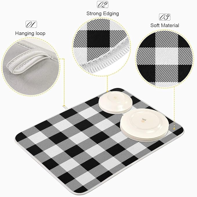 White and Black Buffalo Plaid Dish Drying Mat 16x18 for Kitchen Classic Buffalo Check Dishes Pad Dish Drainer Rack Mats Absorbent Fast Dry Kitchen Accessories