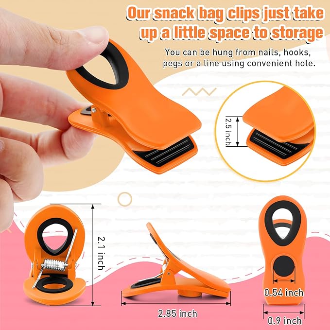 FINDMAG 12 Pack Big Chip Clips, Orange Magnetic Clip for Plants, Plastic Snack Clips for Bags, Food Sealing Clips with Magnet for Chips, Snacks, Fridge and Food Organization