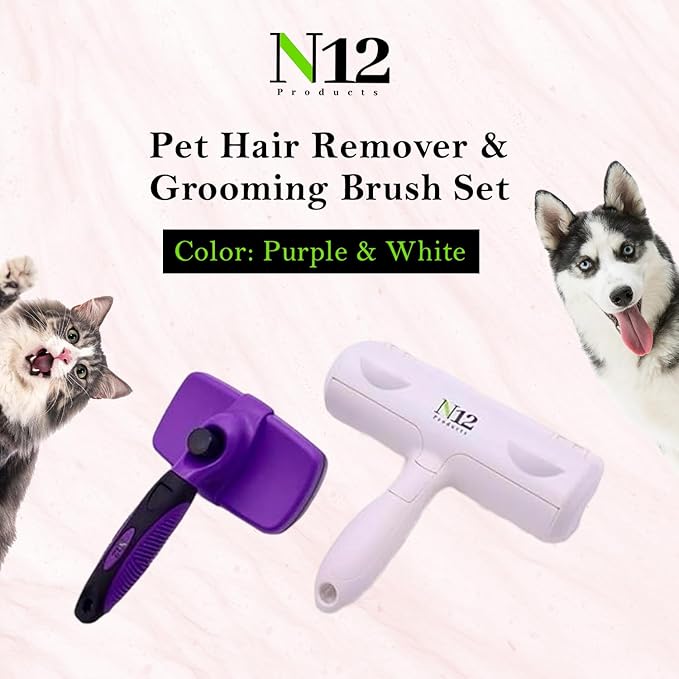 N12 Cat, Dog Hair Remover/Lint Roller and Grooming Hair Bush Combo – Pet Fur Remover for Couch, Furniture, Carpet, Car Seat & Self-Cleaning Slicker Grooming Brush with Long Pins for Shedding
