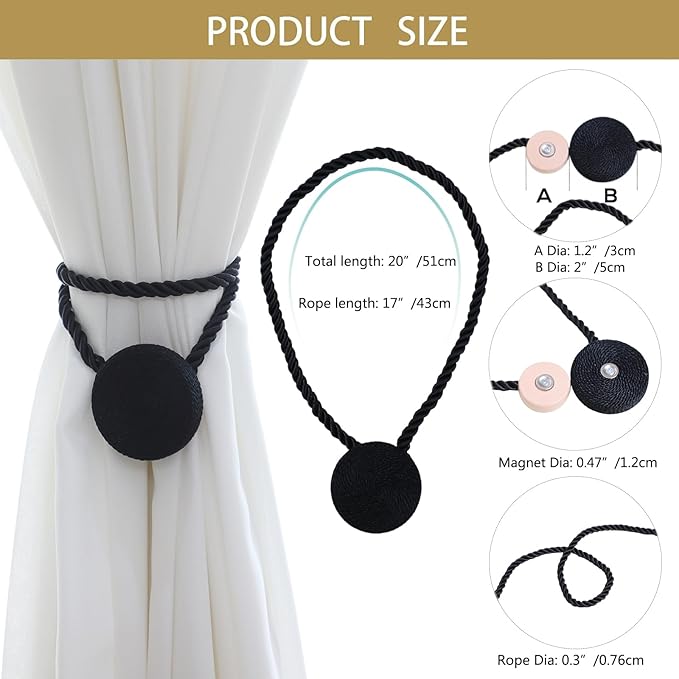 Magnetic Curtain Tiebacks - 12mm Magnetic Tie Backs for Curtains, Heavy Duty No Drill Curtain Holdbacks for Home/Office Windows Drapes, Elegant Gift-Ready Design 7 Colors (2, Black)