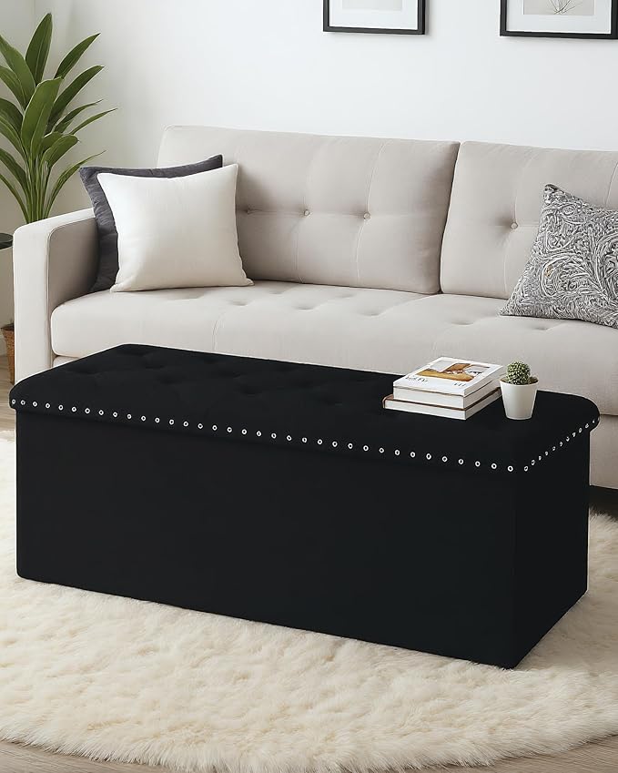 Velvet Storage Ottoman Bench, 43.3" Folding Ottoman with Rivet Trim, Heavy-Duty Upholstered Entryway Bench, Sturdy Footrest and Seat for Bedroom, Living Room, Holds up to 660 LBS, Black