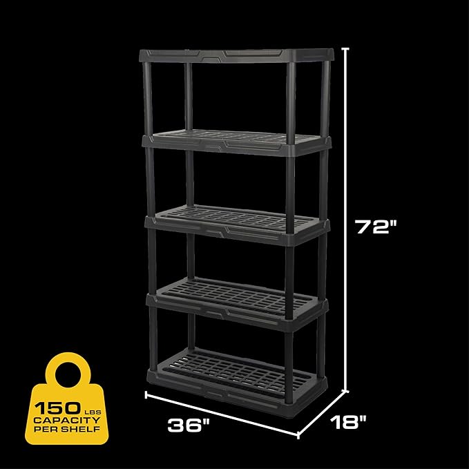 CX 5-Tier (72”H x 36”W x 18”D) Plastic Storage Shelving Unit (Black), Heavy Duty, 150lbs Per Shelf Capacity, Indoor/Outdoor Storage and Organization in Home, Garage, Office with Easy Assembly
