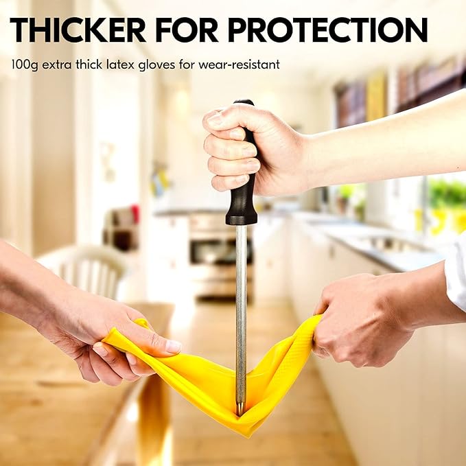 Vgo... 1-Pair Reusable Household Gloves, Rubber Dishwashing gloves, Extra Thickness, Long Sleeves, Kitchen Cleaning, Working, Painting, Gardening, Pet Care (Size XL, Yellow, HH4601)