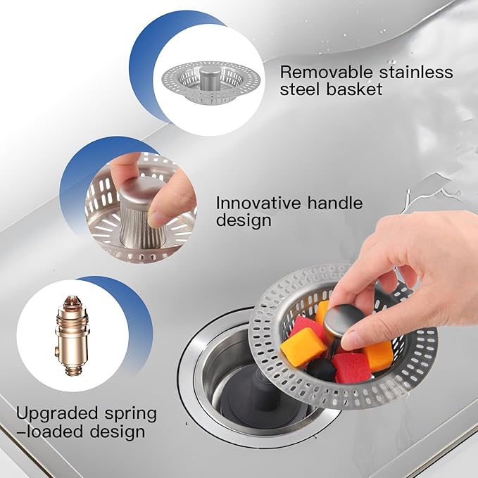 3 in 1 Kitchen Sink Drain Strainer Stopper, Stainless Steel Pop Up Sink Stopper with Anti-Clogging Basket Strainer Width 3.07" Height 1.77 for Deep Sink (Silver)