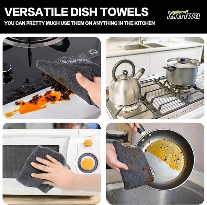 KinHwa Kitchen Washcloths for Dishes Absorbent Microfiber Dish Cloths Quick Dry Dish Rags with Poly Scour Scrub Side Ideal for Kitchen Cleaning (Gray, 12inchx12inch 18 Pack)