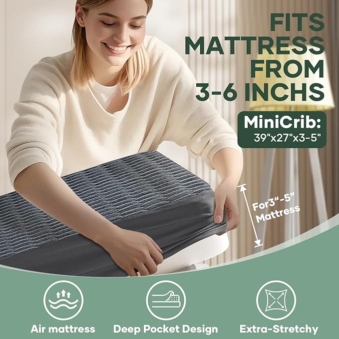 OhGeni Waterproof Mattress Protector, Mini Crib-Gray, Fitted Sheet with Stretchable Pockets, Deep Sleep Noiseless Soft. Breathable Cooling Hypoallergenic Material, Mattresses Cover for Bed