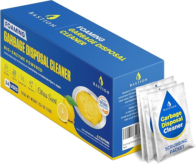 Garbage Disposal Cleaner and Deodorizer - 24-Count (1-Year Supply) Foaming Lemon Scented Kitchen Sink Freshener Pods & Drain Odor Eliminator Disposer Care by Bastion