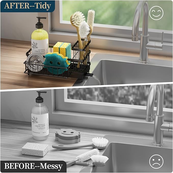 Consuemst Sponge Holder for Kitchen Sink - Auto Draining Sink Caddy Organizer with Detachable Rack, High Brush Holder, Kitchen Countertop Storage Accessories, Black