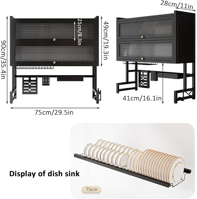 Dish Drying Rack 4 Tiers with Cover, Keep Kitchen Sink Shlef Organized Space-Saving Dish Drying Rack, for Dishes, Glasses, Bowls, Cutlery (black, W-29.5)
