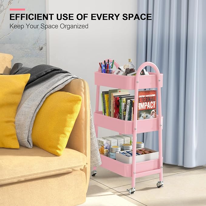 EAGMAK 3 Tier Utility Rolling Cart, Metal Storage Cart with Handle and Lockable Wheels, Multifunctional Storage Organizer Trolley with Mesh Baskets for Kitchen, Living Room, Office, Garage (Pink)