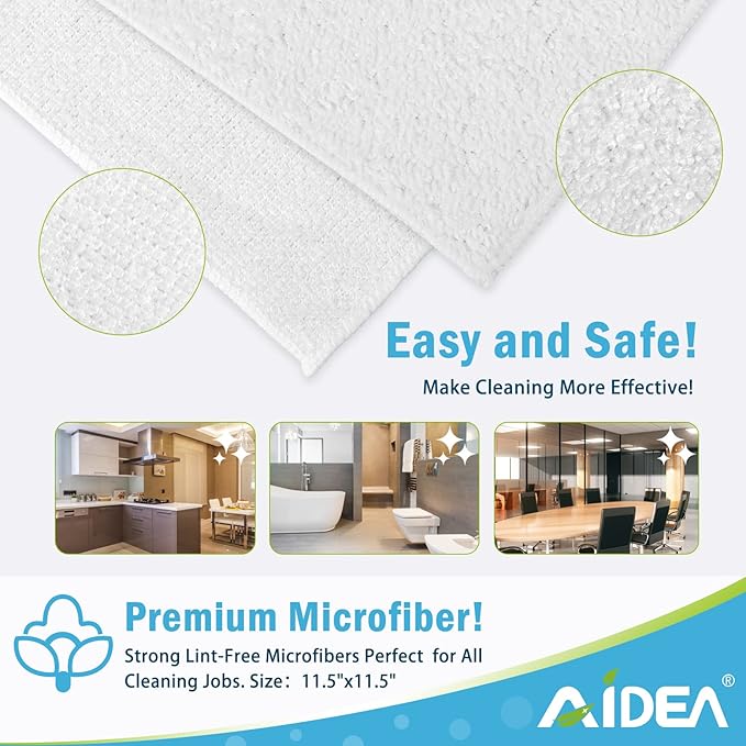 AIDEA Microfiber Cleaning Cloth White, 8PK, Absorbent Lint Free Rags, Scratch Free, Streak Free Microfiber Towels, Dish Towels White, 11.5in.x11.5in.
