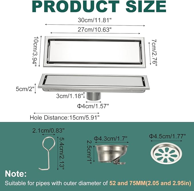 uxcell Rectangular Shower Drain, Brushed 304 Stainless Steel Odor-Proof Floor Drain Linear Shower Drain Hair Catcher for Bathroom Kitchen and Laundry Room(12 Inch, Bright Silver)