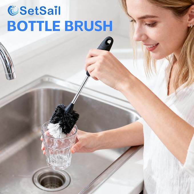 SetSail Bottle Brush of 3 Pack, 13-in Long Stainless Steel Handle Water Bottle Cleaner Brush Non-Slip Grip Bottle Brushes for Cleaning Water Bottles Sport Bottles Coffee Mugs Glasswares Cups, Black