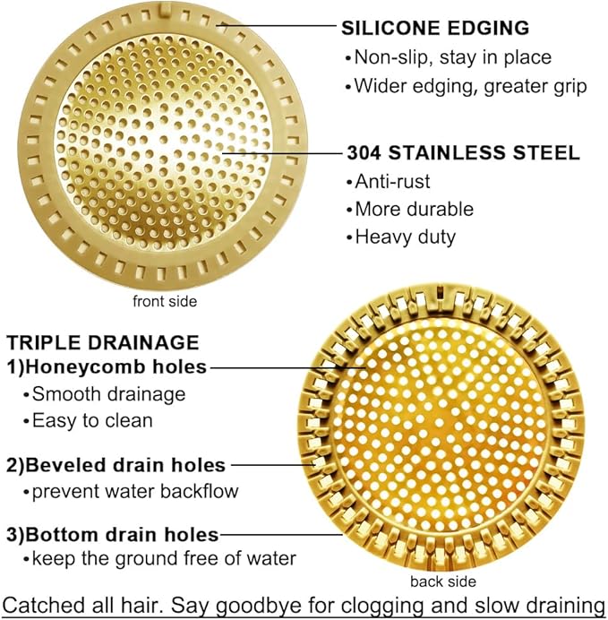 2PCS Hair Catcher Shower Drain/Strainer/Cover/Filter/Trap, Bathtub Drain Cover Hair Catcher, Hair Stopper for Bathroom Sink/Floor Drain, Stainless Steel and Silicone Drain Strainer, Gold