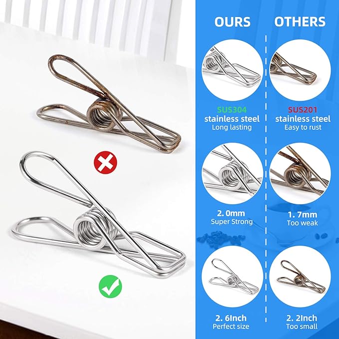 Heavy Duty Clothes Pins for Hanging Clothes, Stainless Steel Clothespins for Landry, Metal Clothes Clips, Clothes Pegs
