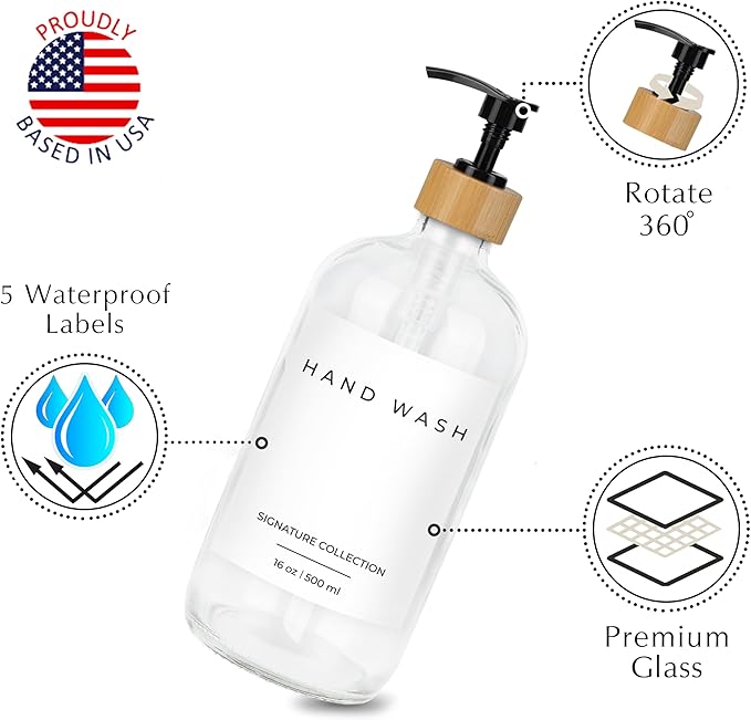 Emerson Soap Dispenser, Dish Soap Dispenser for Kitchen, Soap Dispenser Bathroom Set - Hand Soap Dispenser, Kitchen Soap Dispenser Set, Glass Soap Dispenser with Pump and Labels, 16 Oz | 2-Pack