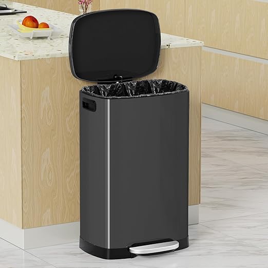 13 Gallon Trash Can with Lid, 50L Fingerprint Proof Stainless Steel Kitchen Trash Can with Removable Inner Bucket and Lid Soft Close, Pedal Rubbish Bin for Home Office, Titanium Black