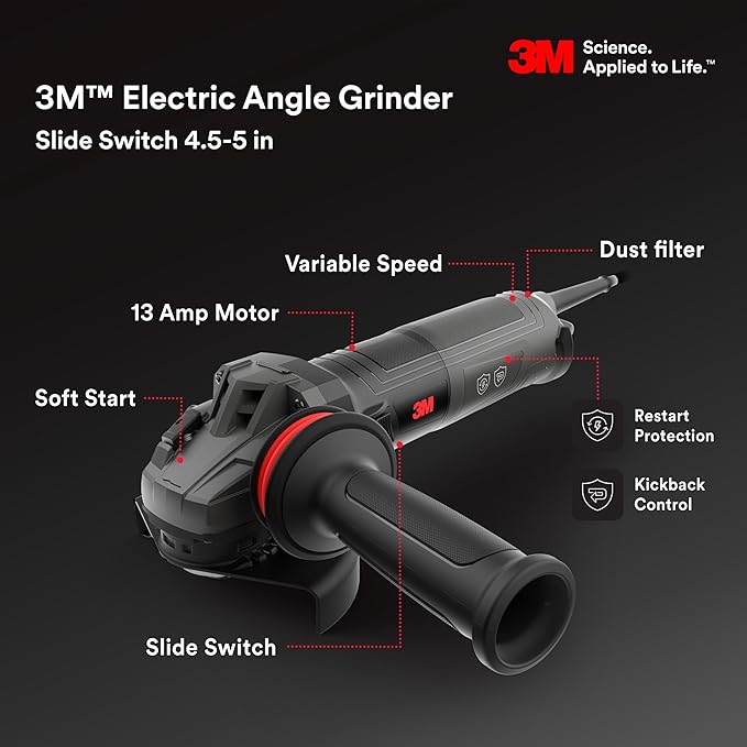 3M Electric Angle Grinder, 11129, VS, 4.5-5 in Paddle Switch, 13-Amp, 120V, for Cutting, Grinding, Polishing and Rust Removal,1 EA