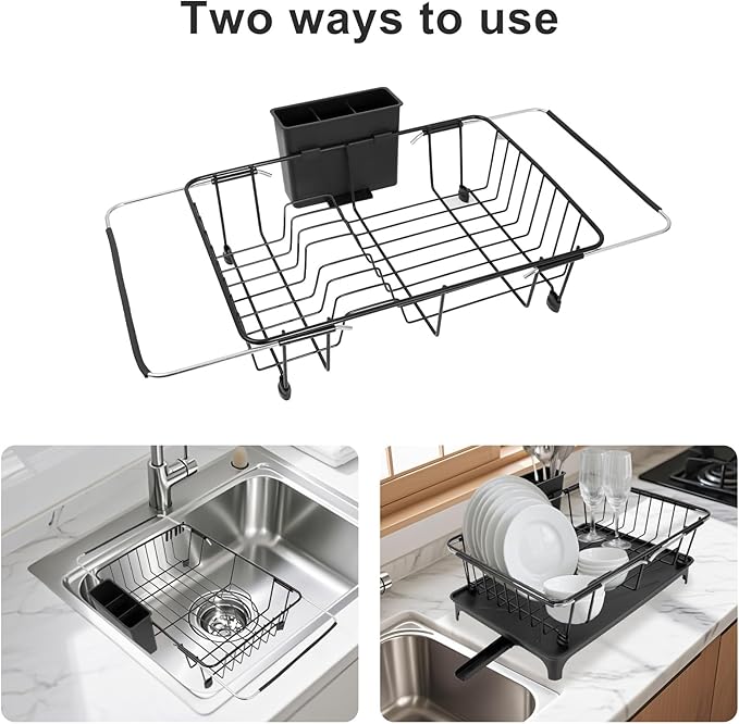 Dish Drying Rack - Expandable Dish Rack for Kitchen Counter, Dish Drainer for Kitchen Counter with Cutlery Holder, Drying Rack Fit for 14’’-21’’ Kitchen Sink