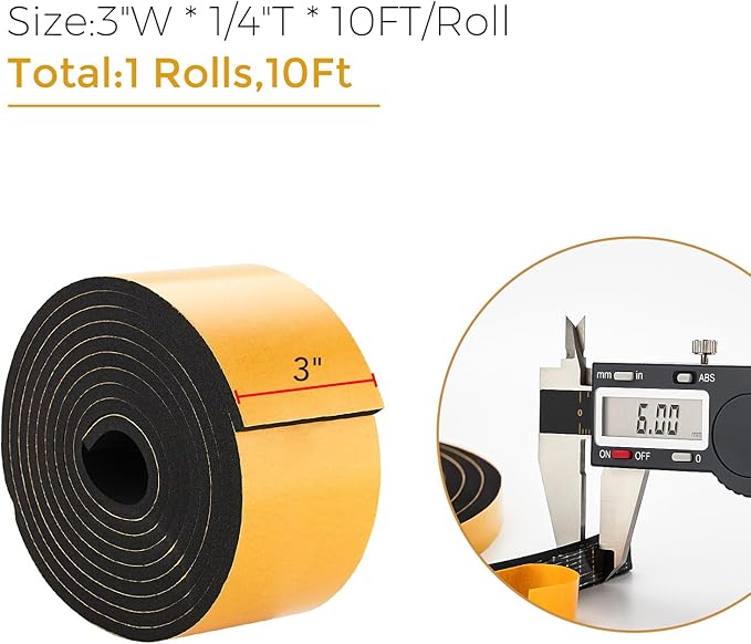 10 Feet Weather Stripping Door Seal, 3" Wide X 1/4" Thick Door Seal Strip High Density Foam Tape Adhesive Strip for Door Soundproofing,Window Insulation (3" x 1/4" x 10FT, Black)