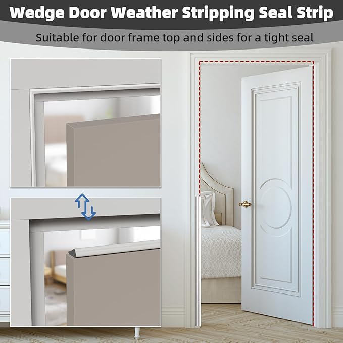 3Pcs×196" Wedge Weather Stripping Door Seal Strip for Door Frame & Window,Self Adhesive Window Insulation Draft Stopper Seal for Winter,Gray Foam Door Gap Filler for Soundproofing Light Blocker,White