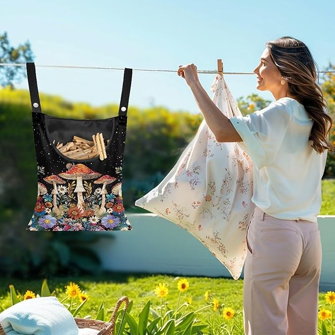 Mushroom Clothespin Storage Hanger Bags Laundry Clothespin Bag, Clothespin Bag with a Large Opening, Hanging Storage Organizer with Hanging Rope for Home Outdoor