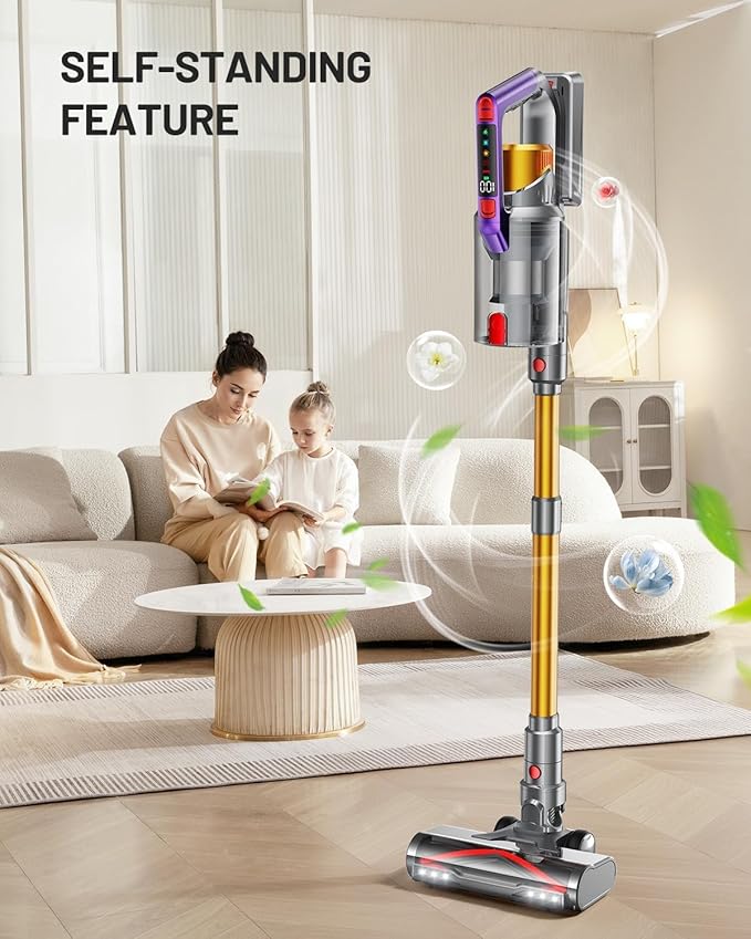 Cordless Vacuum Cleaner, 580W 48KPA 70Mins Vacuum Cleaners for Home, Self-Standing Stick Vacuum with Aromatherapy & LED Display Screen, Stick Vacuum Cordless Rechargeable for Pet Hair/Carpets (Gold)
