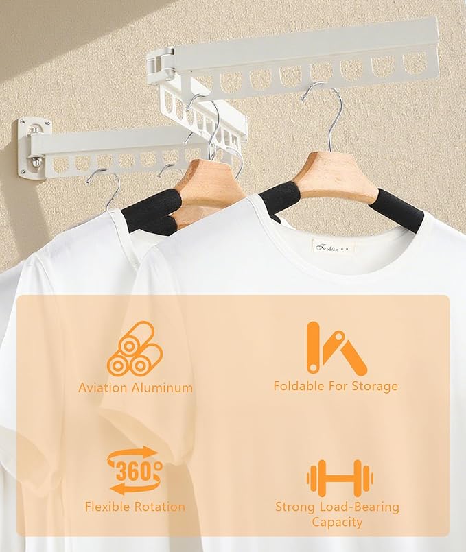 Clothes Drying Rack - Laundry Space Saver Wall Mounted, Retractable, Collapsible(Tri-Fold), White Color Rack Clothing (with Screws)