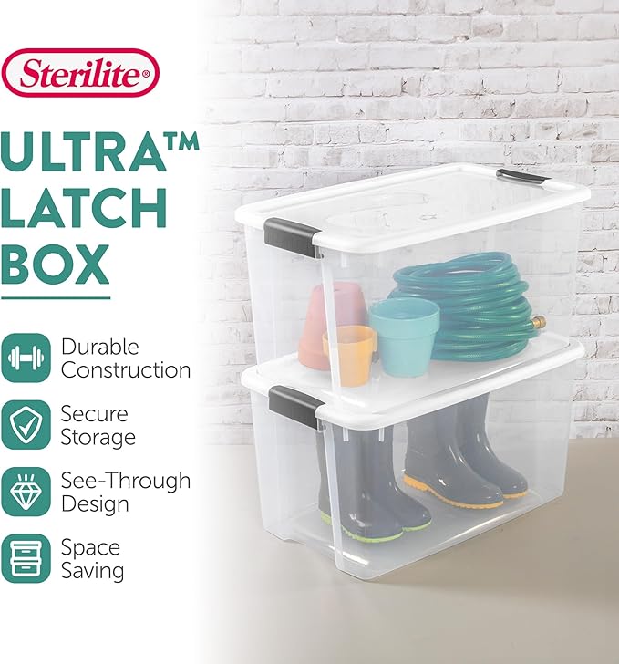 Sterilite 4 Pack Ultra Latching Box, Storage Bins with Lids, Clear Plastic, 70 Quart - Heavy-Duty Organizing Containers for Closet, Bathroom, and Office