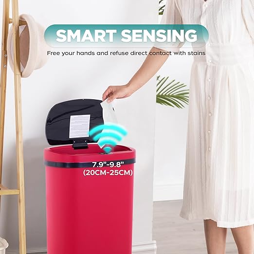 Automatic Motion Sensor Bathroom Trash Can with Lid, 13 Gallon Touchless Trash Bin, Smart Dog Proof Garbage Can, Touch Free Waste Basket for Toilet, Office, Bedroom,Red