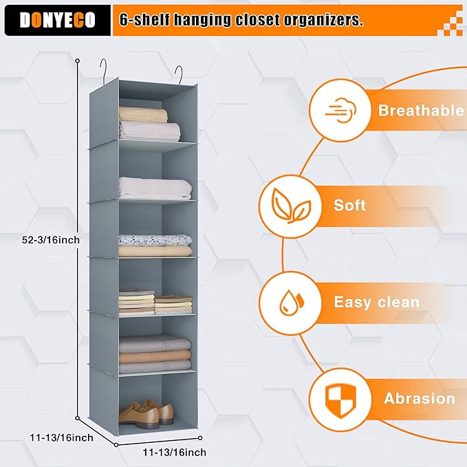 Hanging Closet Organizer and Storage 6-Shelf, Easy Mount Foldable Hanging Closet Wardrobe Shelves, Clothes Handbag Shoes Accessories Storage, Washable Oxford Cloth Fabric, Grey