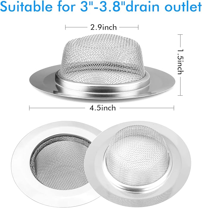 2Pcs Kitchen Sink Strainer, Stainless Steel Mesh Sink Drain Cover, Large Wide Rim 4.5" Diameter Sink Drain Strainer Basket Catcher