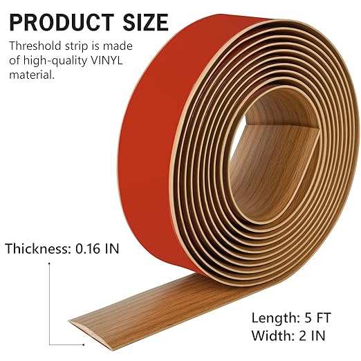 5Ft Floor Transition Strip Self Adhesive Vinyl Cover Floor Strip Flat Divider Transition Strip Wood Grain Design for Laminate Floor Gaps and Doorway Transitions (5Ft x 2 Inch, Light Brown)
