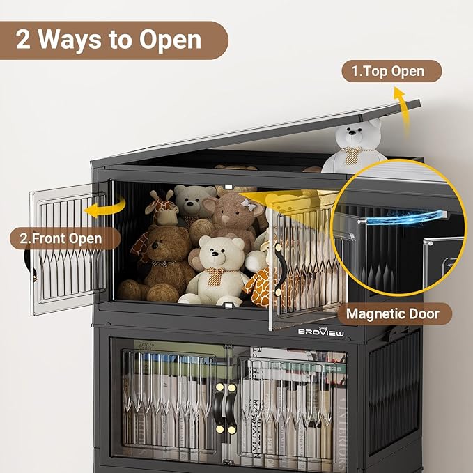 BROVIEW 320Qt Stackable Storage Bins with Lid, Extra Large Closet Organizer Collapsible Drawer Boxes with Wheels, Folding Plastic Cabinet Containers for Home Kitchen Room Organization, 4Pack Black