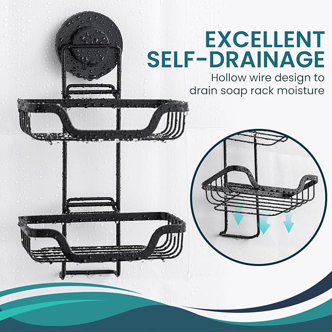 TAILI Double Layer Soap Dish Holder, Bar Soap Tray Suction Cup for Shower Wall, Draining for Bathroom, Rustproof Stainless Steel Sponge Holder for Tub, Kitchen, Drill-Free, Black