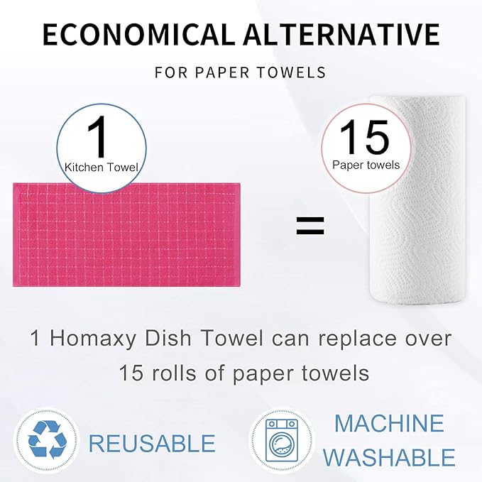 Homaxy 100% Cotton Terry Kitchen Towels(Rose Red, 13 x 28 inches), Checkered Designed, Soft and Super Absorbent Dish Towels, 4 Pack