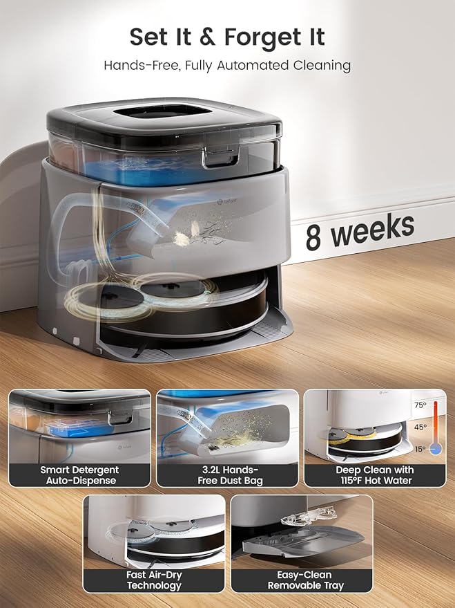 Lefant M3 Max Robot Vacuum, Robot Vacuum and Mop, 20000Pa Suction, Anti-Tangle Brushes, Dual Spinning Mop, Auto Mop Washing, Drying, Self-Emptying, Self-Refilling, for Pet Hair Dust, App Voice Control