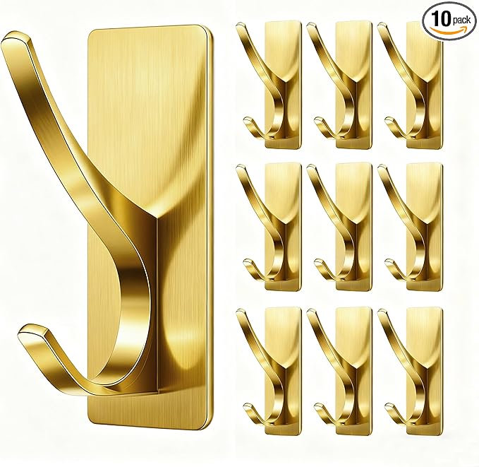10 Pack Self Adhesive Coat Hooks for Hanging, Heavy Duty Stainless Double Wall Hook for Towel, Backpack, Hat, Sturdy Metal Hanger for Bathroom, Bedroom, Door, Wall Mounted, Brushed Gold
