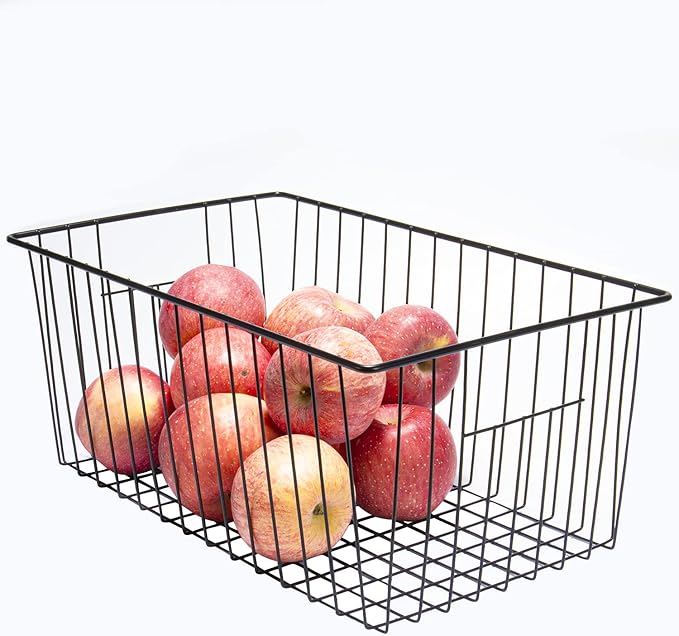 16inch Freezer Wire Storage Organizer Baskets, Household Refrigerator Bin with Built-in Handles for Cabinet, Pantry, Closet, Bedroom Black,4pack