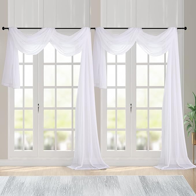 Chyhomenyc Extra Long White Sheer Curtains 144 inch 2 Panels, Translucent Backdrop Window Scarf Drapes for Canopy Bed/Wedding/Living Room/Anniversary, 12FT Length, Each 59Wx144L in, 2PCS