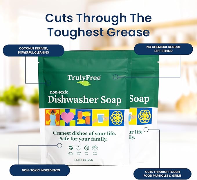 Truly Free Dishwasher Detergent Powder | Natural Dish Detergent, Dishwasher Soap | Plastic Free, Plant-Based, Clean, Heavy Duty Hard Water Stain & Grease Remover | Fragrance Free | 12.5 oz (Pack of 2)