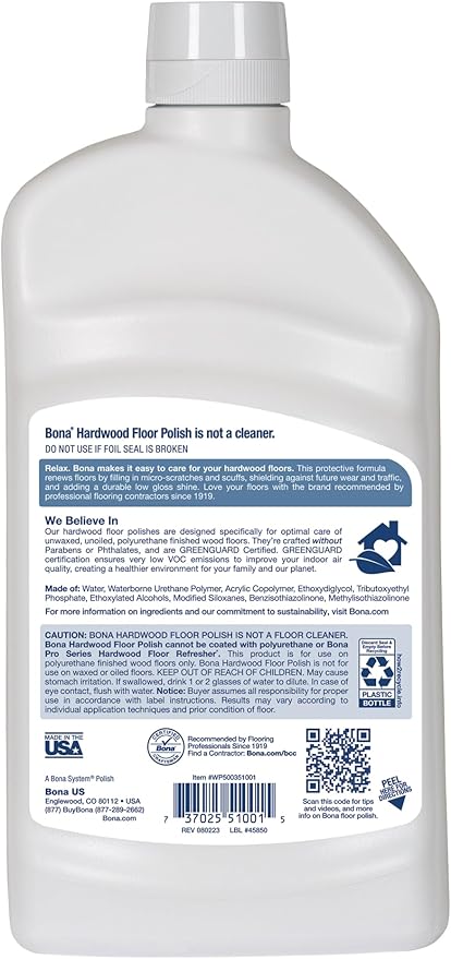 Bona Hardwood Floor Polish - 32 fl oz - Low Gloss Shine - Polish for Wood Floors - Protects and Renews Dull Flooring - Covers 500 sq ft
