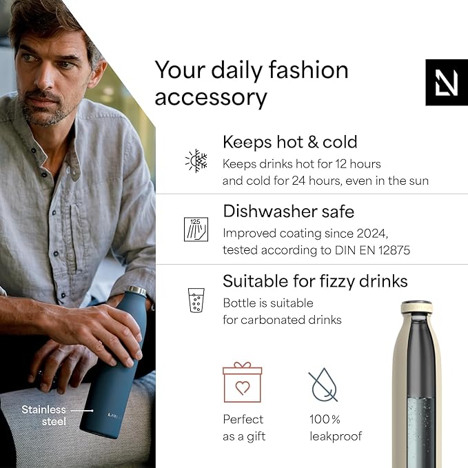 LARS NYSØM Stainless Steel Insulated Water Bottle 12oz 17oz 25oz 34oz 51oz | Insulated Thermo Flask for Hot and Cold Beverages | Leakproof Drinking Bottle (Almond Beige, 17oz)