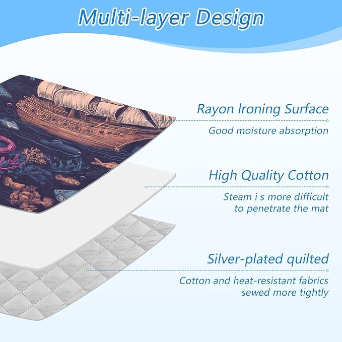 Red Blue Pirate Ship and Fish Ironing Mat Thickened Ironing Blanket Travel Portable Double-Side Using Ironing Pad Travel Isolate Heat Pad Cover for Washer Dryer Table Top Countertop 27.6x47.2in